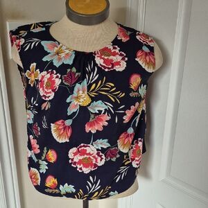 Promod Floral Blouse With Open Tie Back - Navy and Multicolor